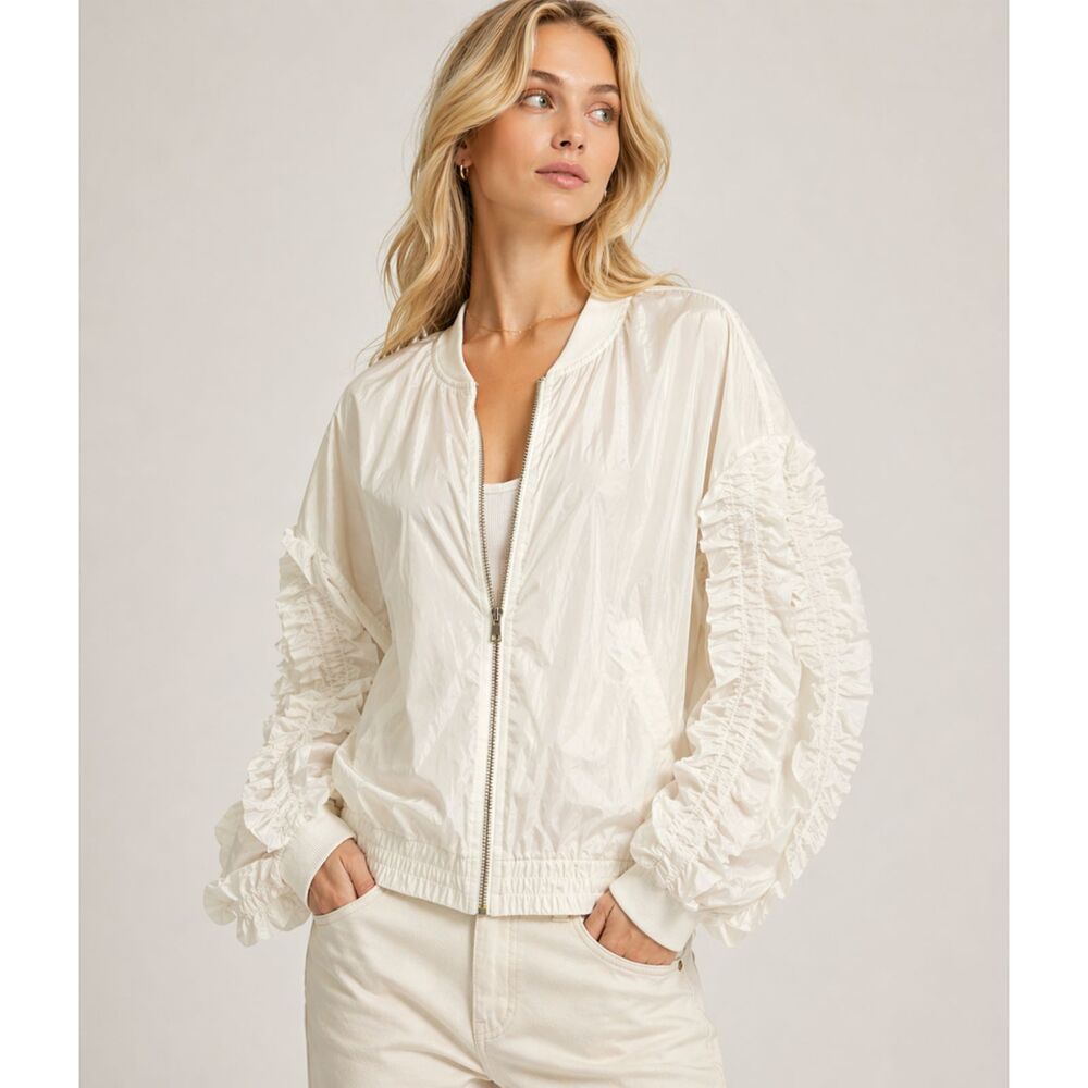 NWT Cien Sheer Ruffle Sleeve Bomber Jacket Oversized S Cream Festival Boho Fairy